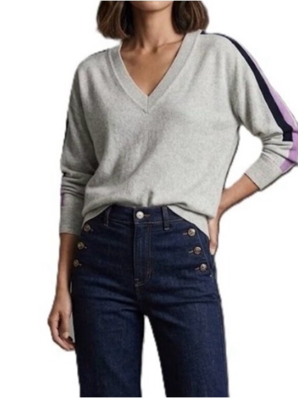 MINT VELVET Cotton Cashmere Blend Sweater Medium Grey Stripe V-Neck Batwing EUC